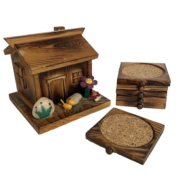 Vintage 1970s Hand Made Folk Art Wood Log Cabin Coasters Set Taiwan Rustic Bird - Picture 1 of 10